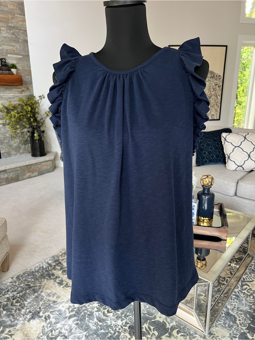LOFT Navy Blue Ruffle Tank